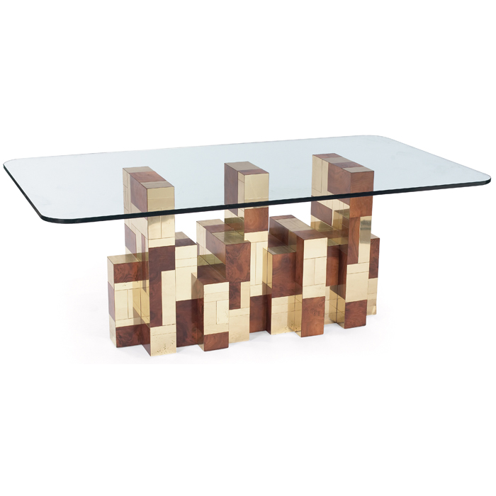 Appraisal: Paul Evans dining table by Directional burled wood and brass