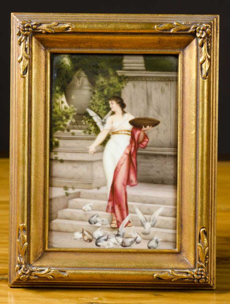 Appraisal: HAND PAINTED GERMAN PORCELAIN PLAQUE depicting a Classically dressed woman