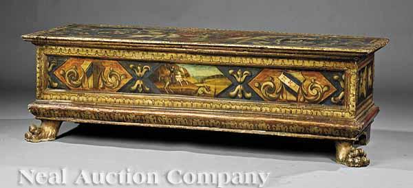 Appraisal: An Italian Polychrome Decorated Cassone th c the rectangular top