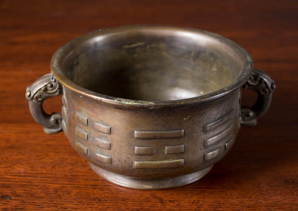 Appraisal: CHINESE BRONZE CENSER of circular form with stylized figural handles