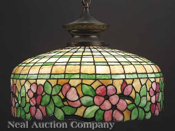 Appraisal: An American Art Nouveau-Style Stained Glass Hanging Lamp early th