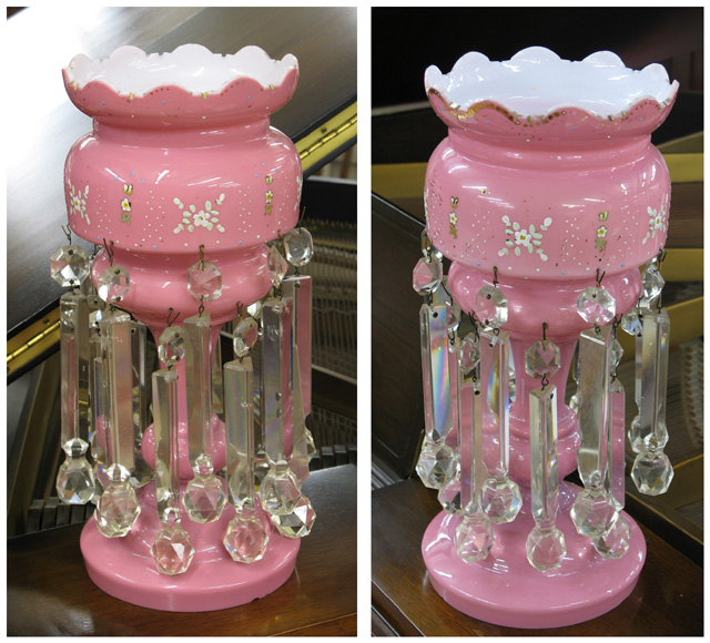 Appraisal: PAIR VICTORIAN PINK GLASS LUSTRES white interior decorated with hand