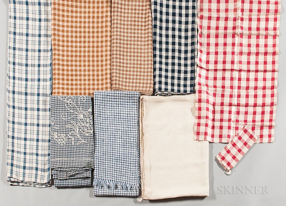 Appraisal: Eight Mostly Checked Linen Textiles Eight Mostly Checked Linen Textiles