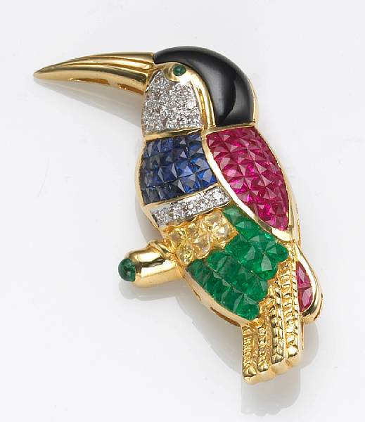 Appraisal: A sapphire ruby emerald black onyx and k gold parrot