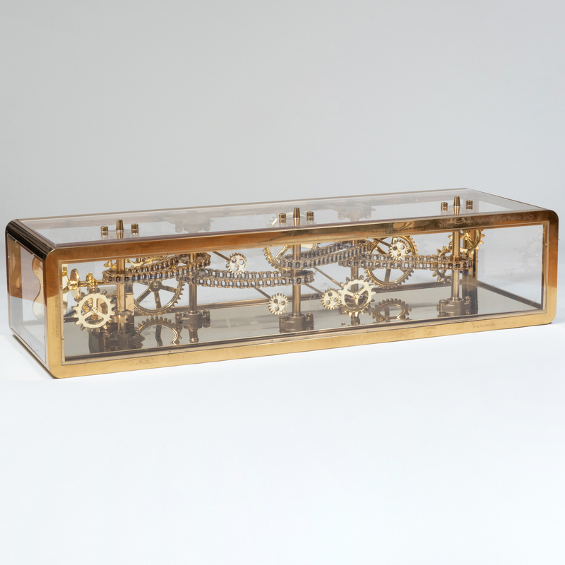 Appraisal: Contemporary Brass and Lucite Display Table Enclosing Moving Gears Formerly