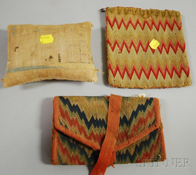 Appraisal: Three Needlework Items a flame-stitch flat purse bag and a