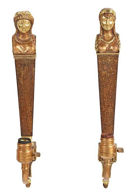 Appraisal: Near Pair French Empire Figural Tole Sconces th century with