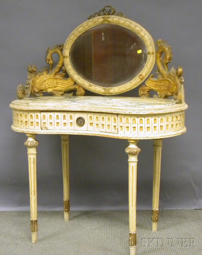 Appraisal: Louis XVI-style Marble-inset Carved Giltwood and Painted Kidney-shaped Mirrored Dressing