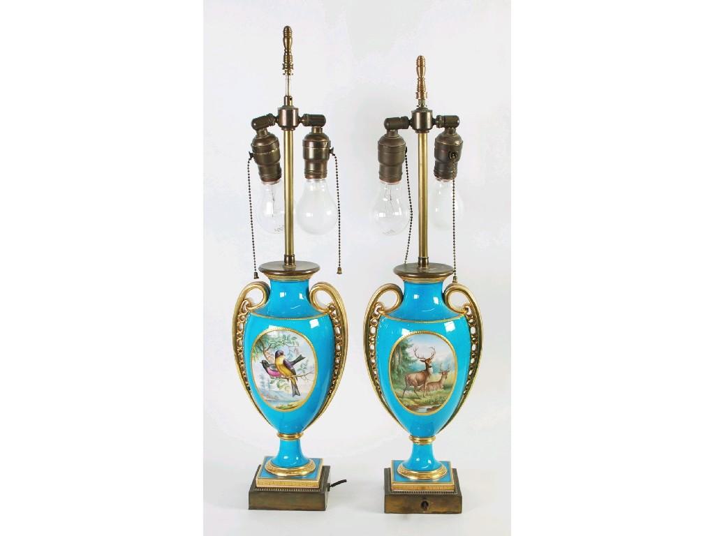 Appraisal: PAIR OF PROBABLY COALPORT CHINA TWO HANDLED VASE TABLE LAMPS