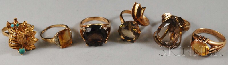 Appraisal: Group of Six kt Gold Gem-set Rings total weight approx