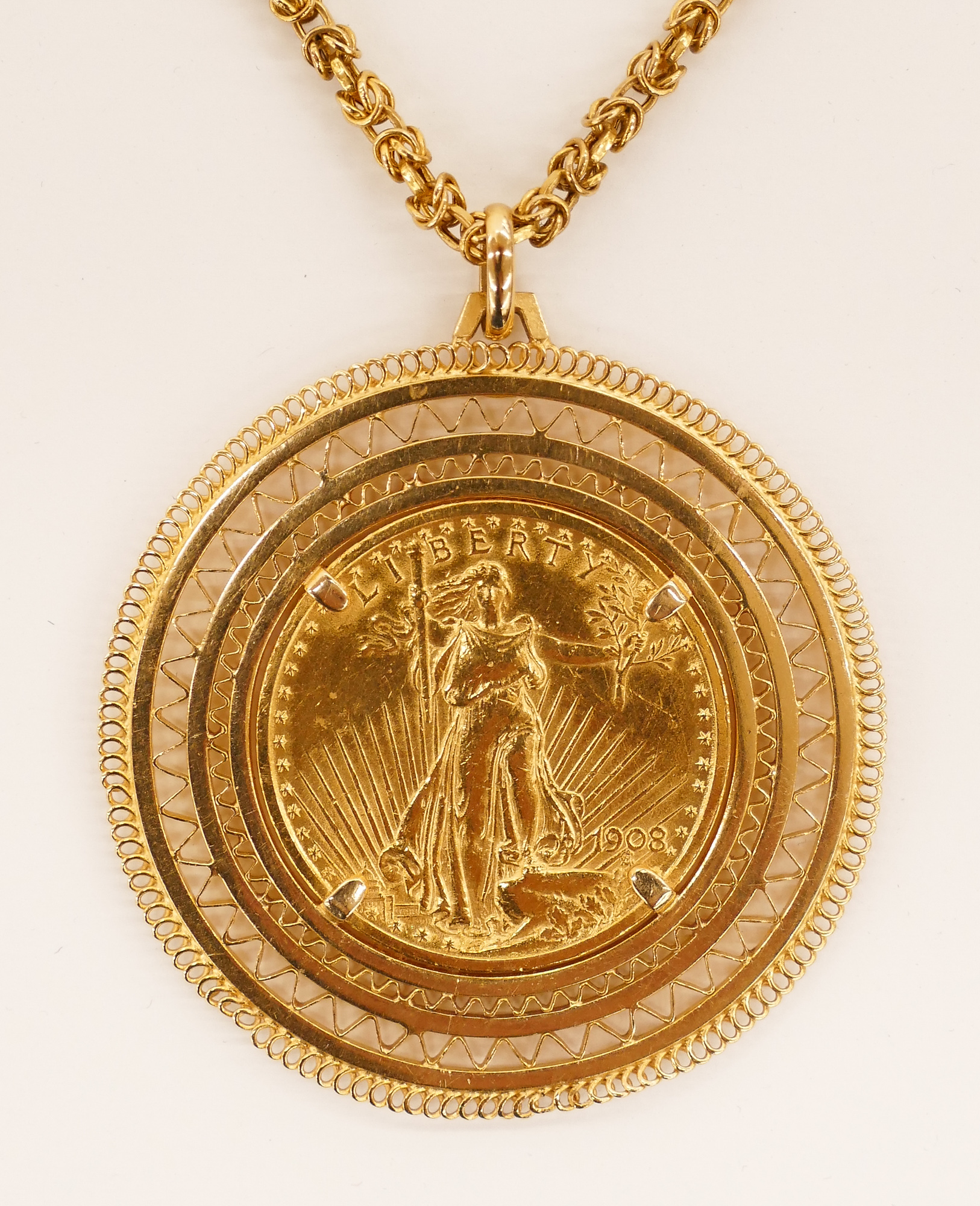 Appraisal: Corletto k Italian St Gaudens Gold Coin Pendant Necklace Includes