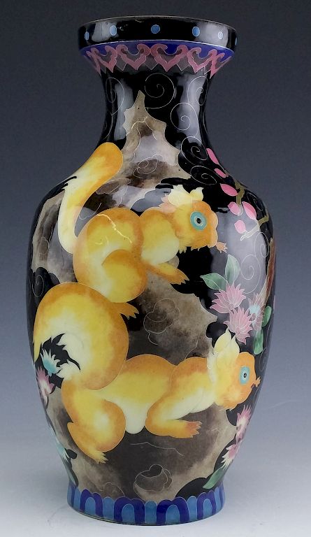 Appraisal: Chinese Export Cloisonne Porcelain Squirrel Vase Vintage Chinese export cloisonne