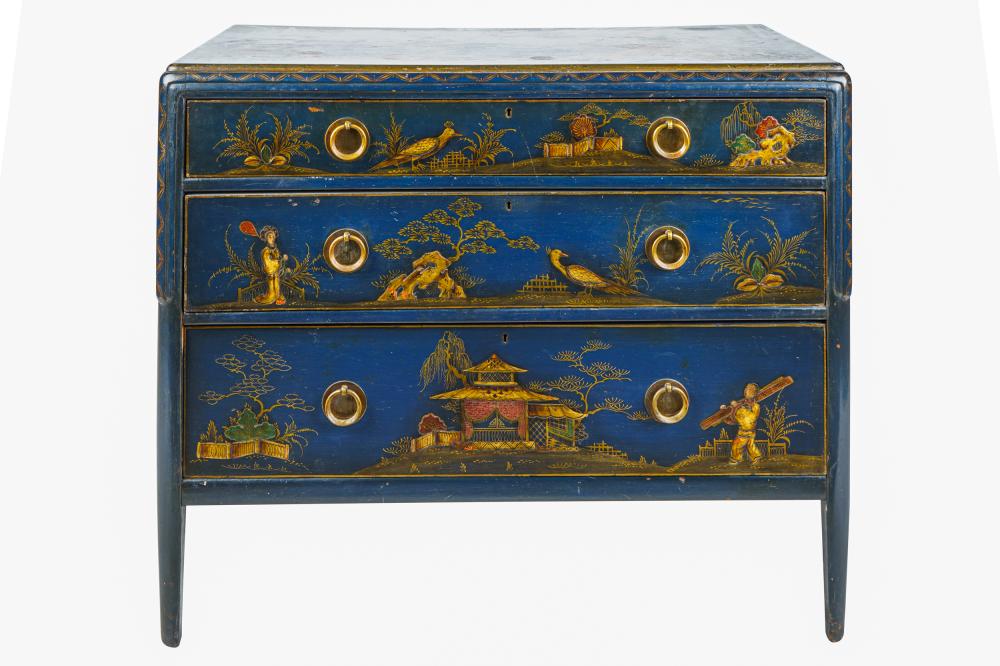 Appraisal: ENGLISH JAPANNED CHEST OF DRAWERSpolychrome and gilt-decorated on a dark