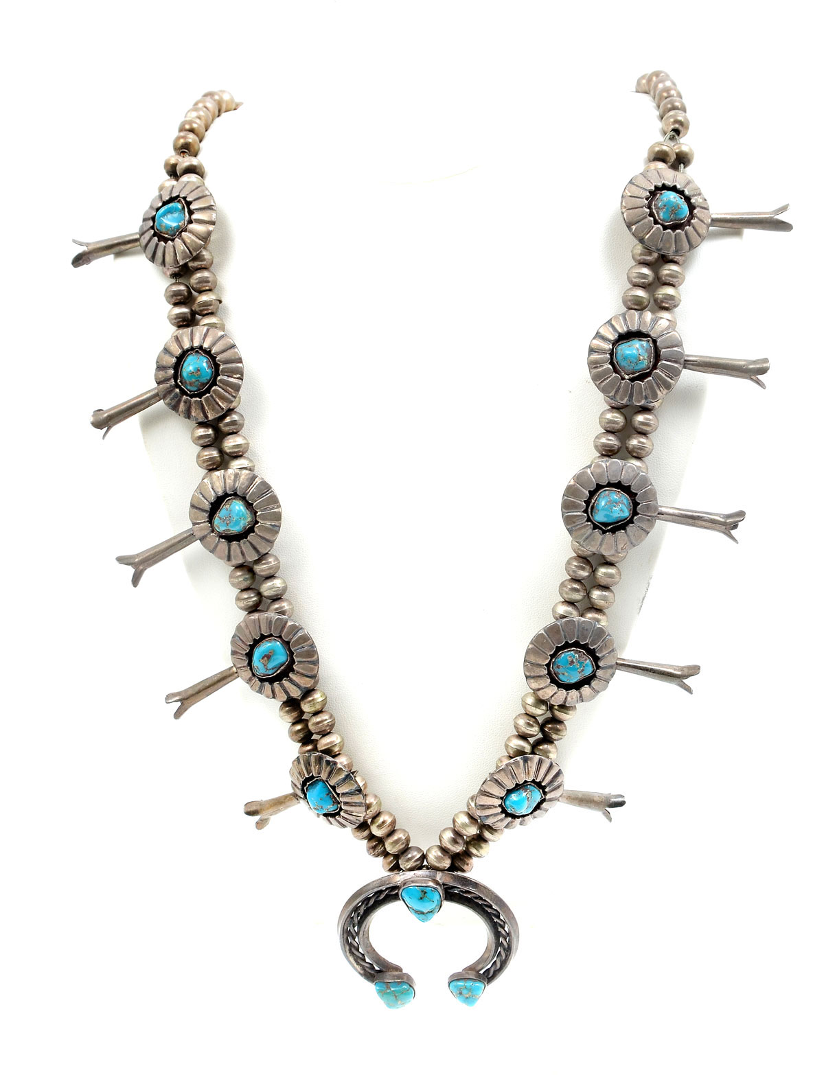 Appraisal: NATIVE AMERICAN OLD PAWN SILVER TURQUOISE SQUASH BLOSSOM NECKLACE Double