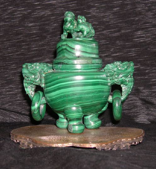 Appraisal: Attractive Kuang Hsu Elaborately Carved Malachite Ring-Handled Miniature Brazier fourth