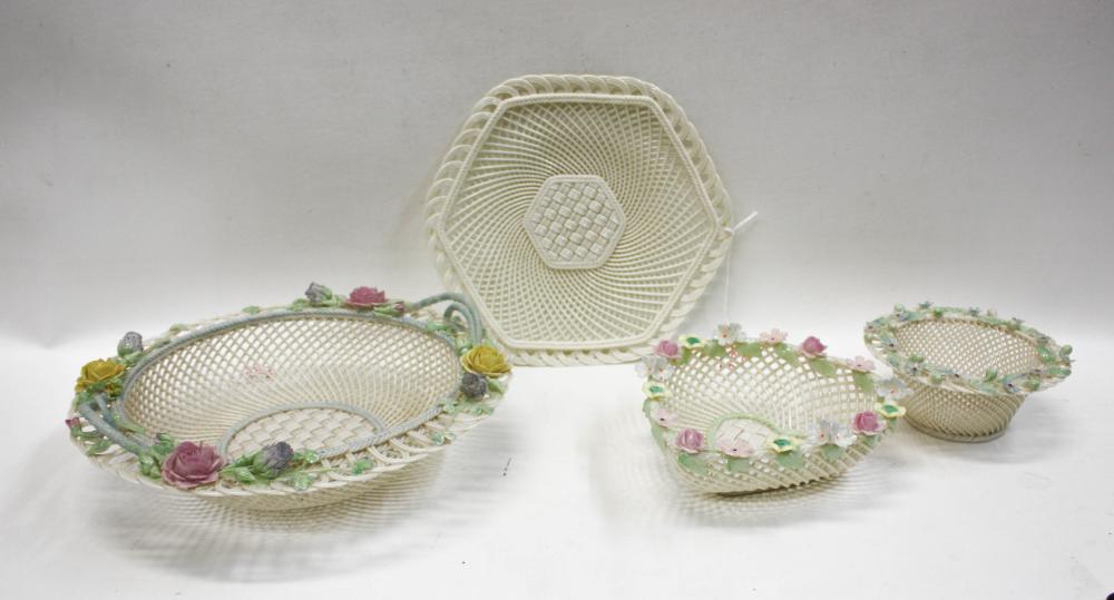 Appraisal: FOUR BELLEEK PARIAN PORCELAIN BASKETS each four-strand and the bases