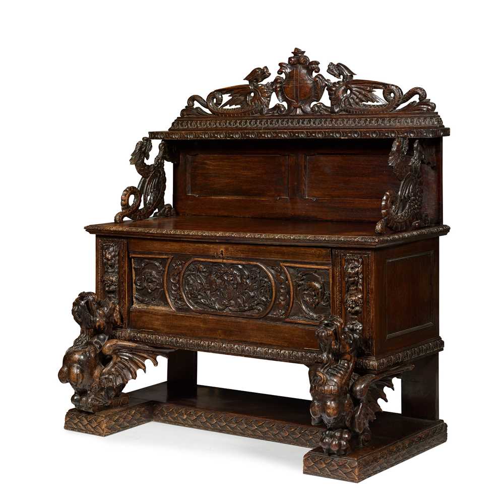 Appraisal: RENAISSANCE REVIVAL OAK CREDENZA TH CENTURY the superstructure with a