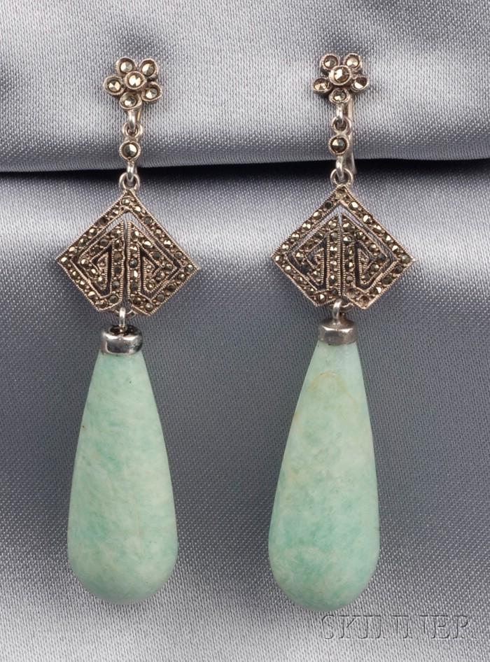 Appraisal: Art Deco Silver Amazonite and Marcasite Earpendants France each designed