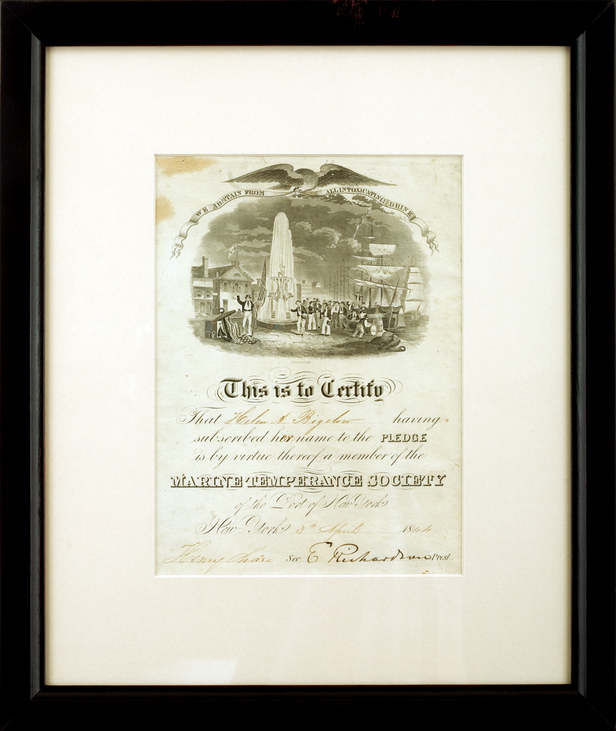 Appraisal: CERTIFICATE OF THE MARINE TEMPERANCE SOCIETY OF THE PORT OF