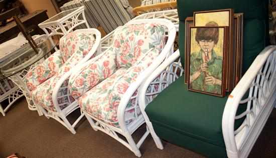 Appraisal: Painted rattan nine-piece patio suite comprising three armchairs settee and