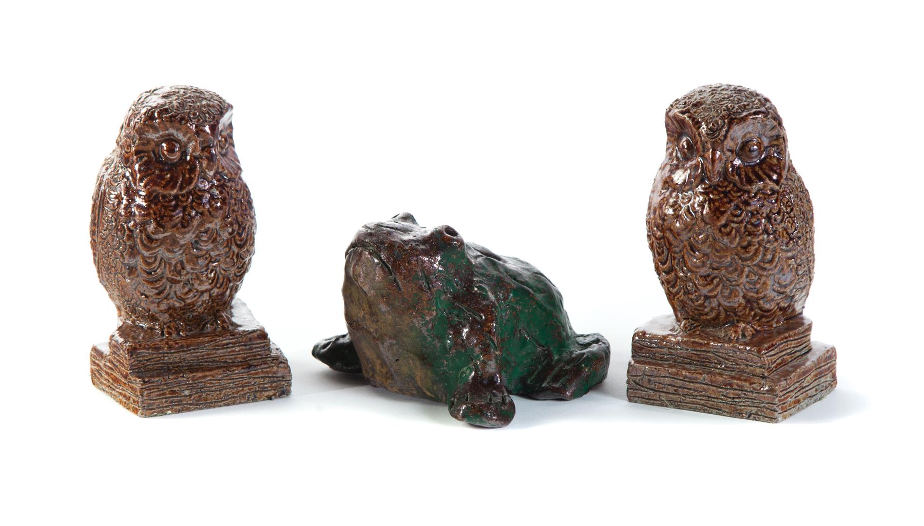 Appraisal: PAIR OF SEWERTILE OWL BOOKENDS AND FROG First half- th