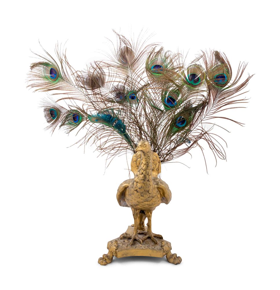 Appraisal: A Neoclassical Gilt Metal and Feathered Peacock Table Lamp A