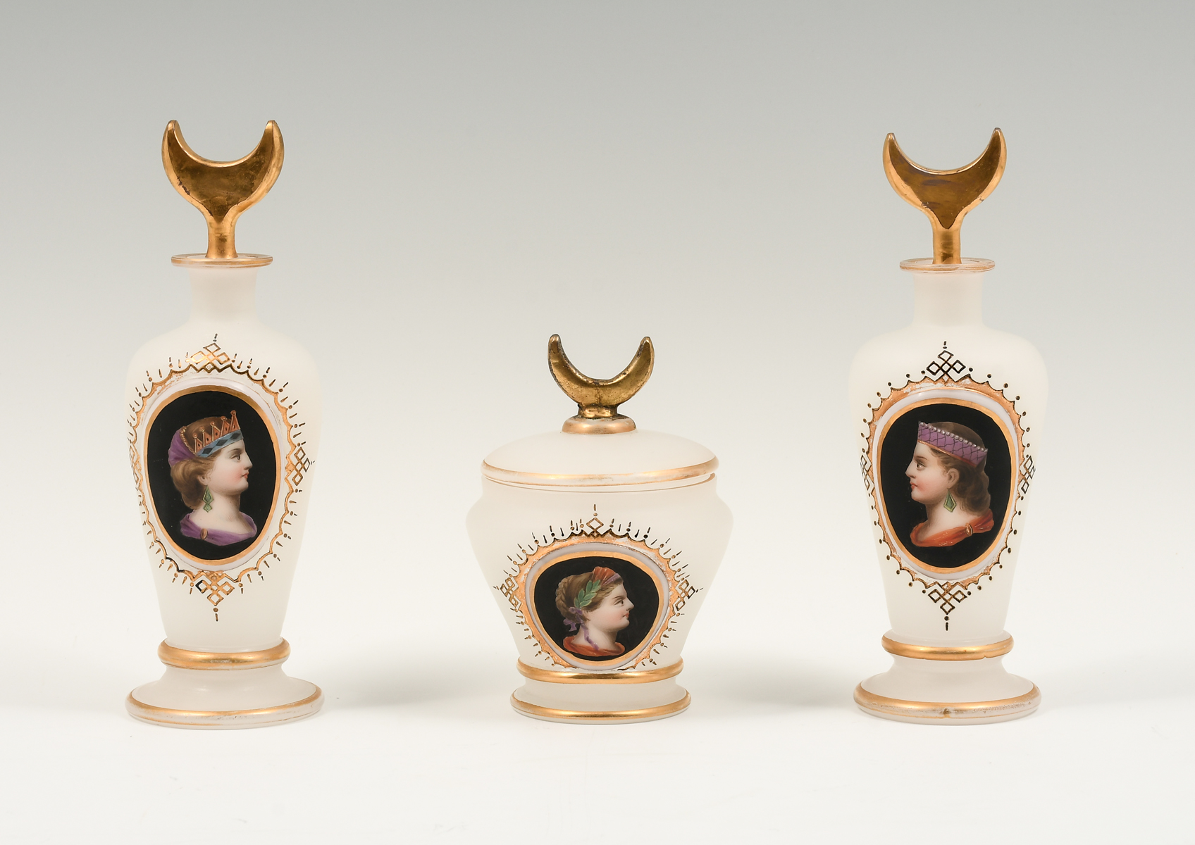 Appraisal: PC BAVARIAN PORTRAIT GLASS DRESSER SET Comprising - Scent bottles