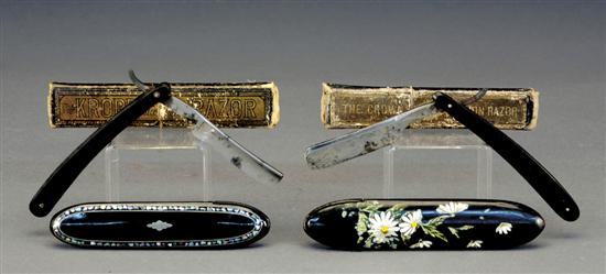 Appraisal: Reading glass cases and razors two papier mache eyeglass cases