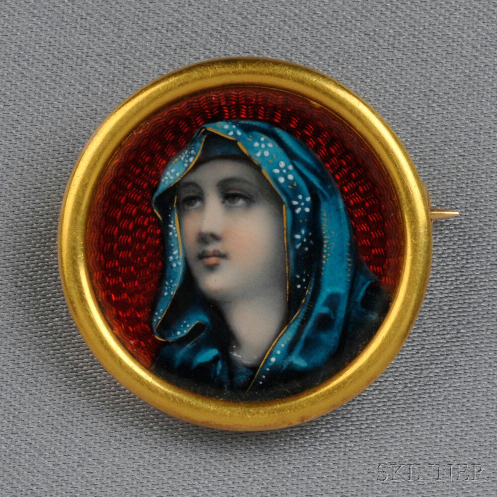 Appraisal: Antique kt Gold and Limoges Enamel Brooch depicting the Madonna