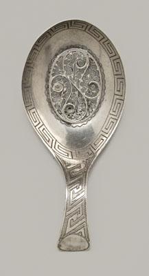 Appraisal: English silver caddy spoon filigree bowl engraved Greek key design