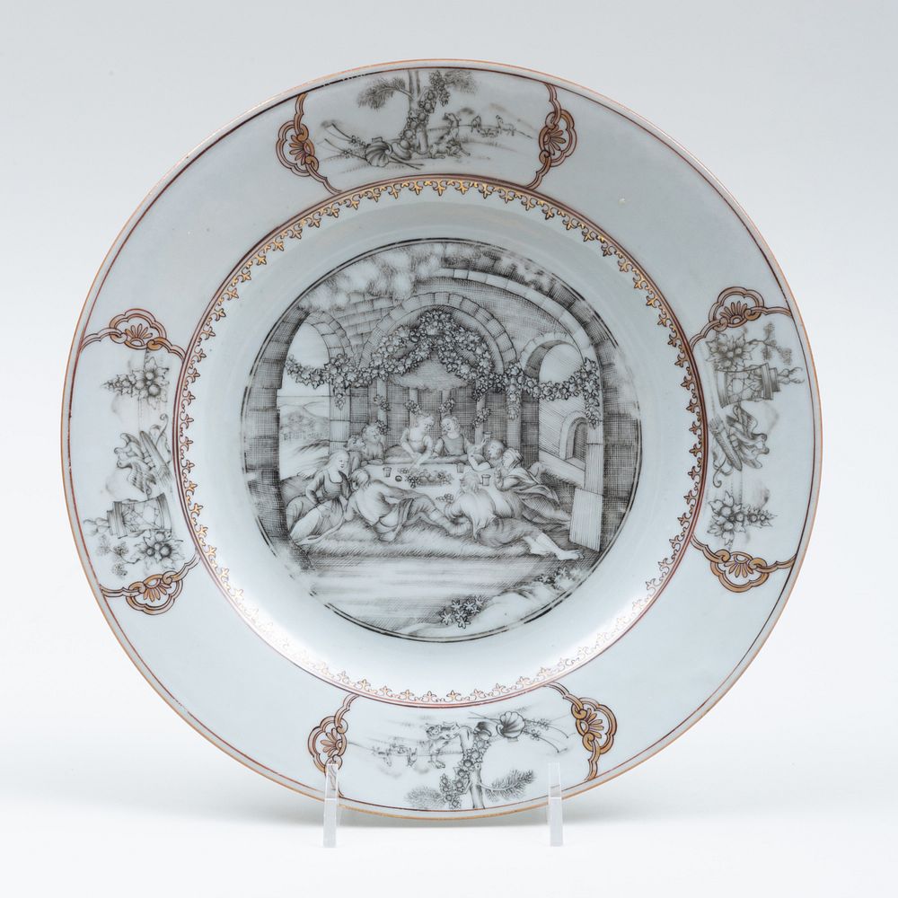 Appraisal: Chinese Export Gilt and Grisaille Porcelain European Subject 'Wedding Feast'