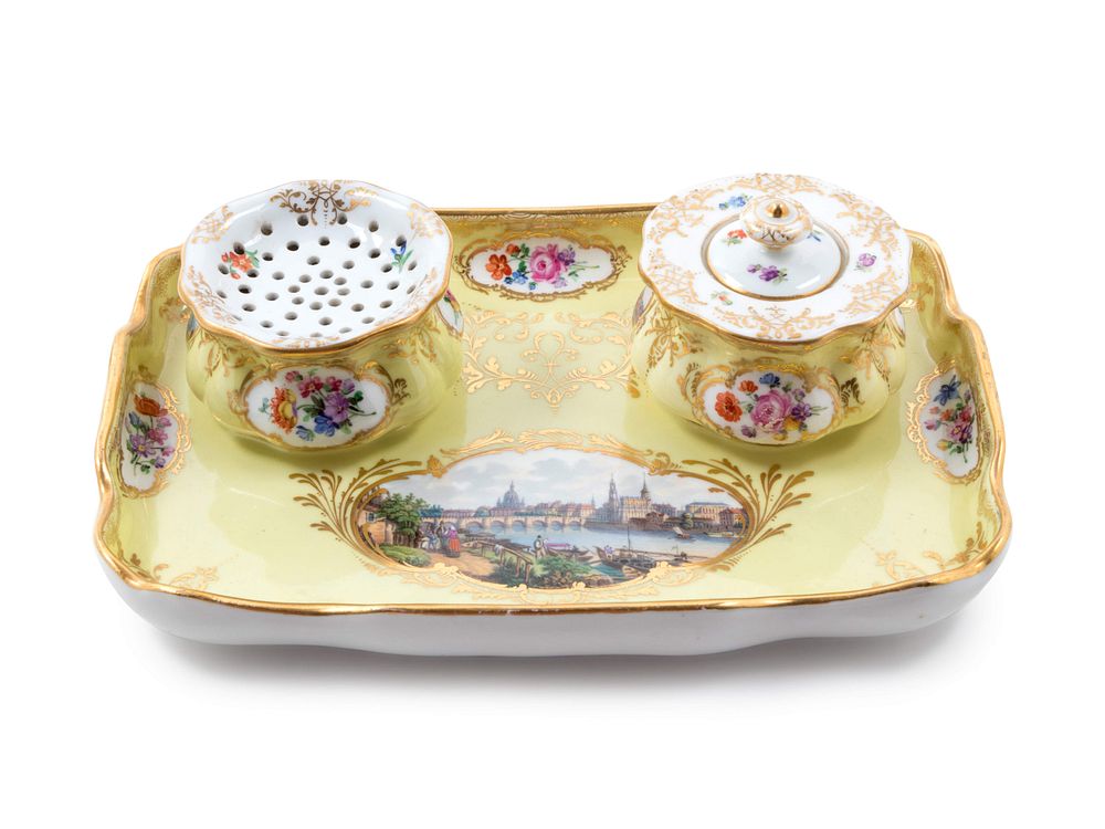 Appraisal: A Meissen Painted and Parcel Gilt Yellow-Ground Porcelain Ink Stand