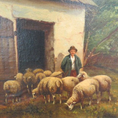 Appraisal: F A Stiver oil shepard his flock outside a barn