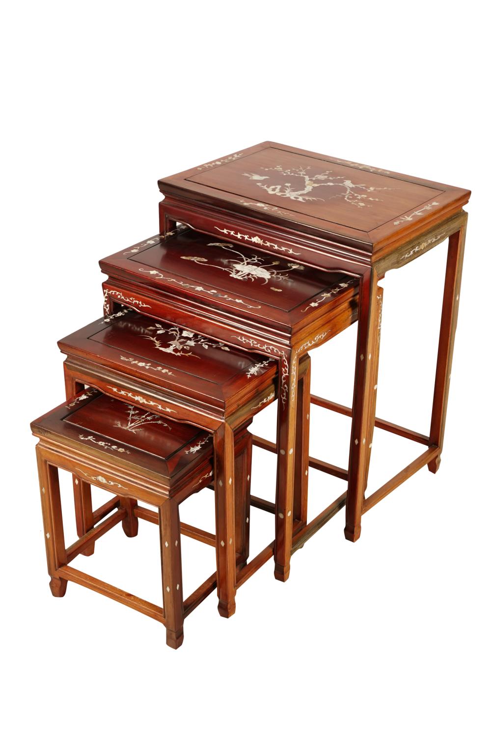 Appraisal: NEST OF FOUR CHINESE INLAID WOOD TABLESthe tops inlaid with