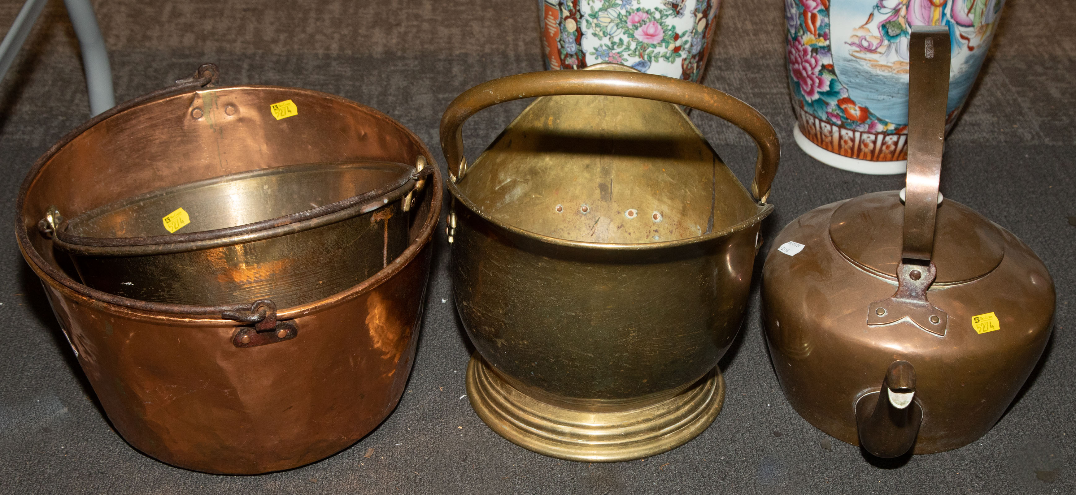 Appraisal: FOUR PIECES OF DECORATIVE COPPER BRASS Including two pots with