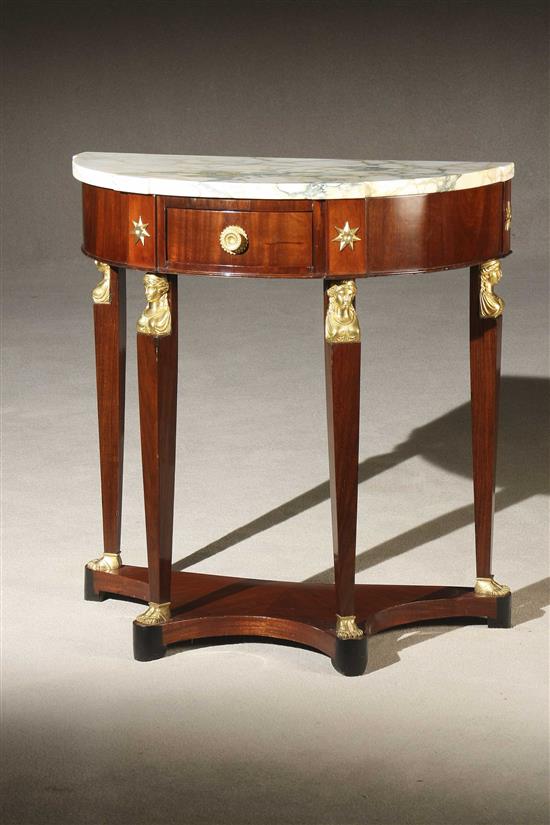 Appraisal: Continental Neoclassical Ormolu Mounted Mahogany Marble-Top Demilune Console Possibly Baltic