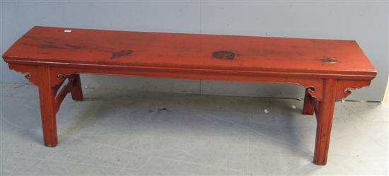 Appraisal: Japanese red lacquered bench with scrolled apron h w d