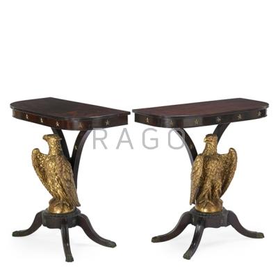 Appraisal: PAIR OF FEDERAL STYLE CONSOLES Parcel-gilt eagle form supports th