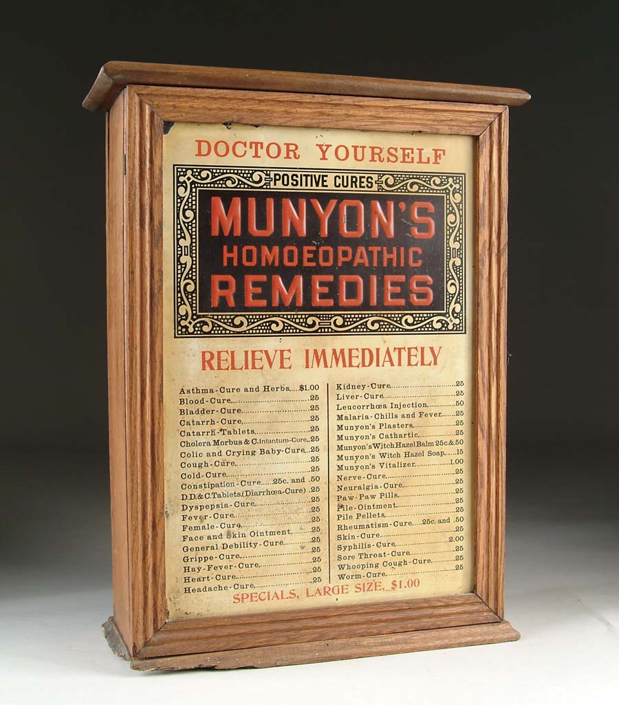 Appraisal: MUNYON S HOMEOPATHIC REMEDIES DISPLAY CABINET Oak cabinet with embossed