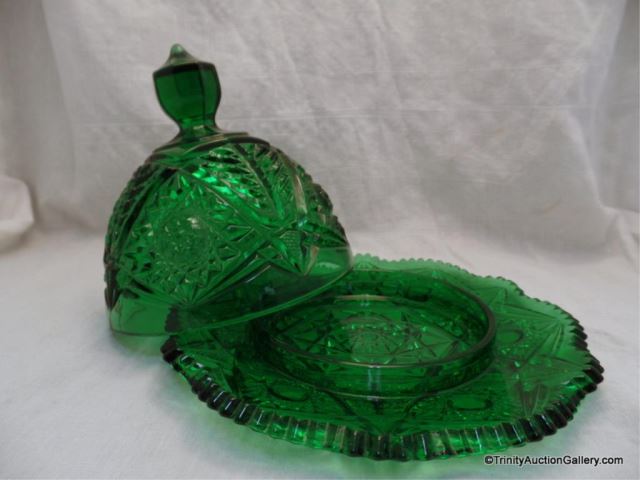 Appraisal: Domed Butter Dish Smith Glass Hobstar Herringbone Very nice deep