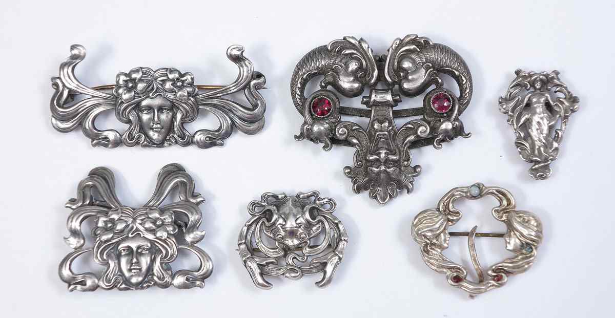 Appraisal: KERR ART NOUVEAU STERLING BUCKLES AND PINS pieces total by