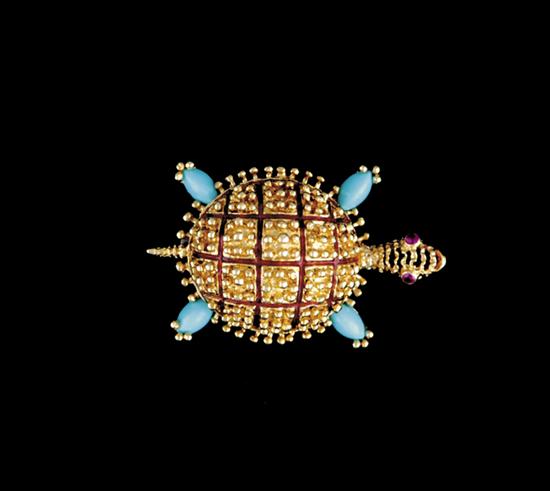 Appraisal: Gemstone and gold turtle-form brooch turquoise feet ruby eyes and