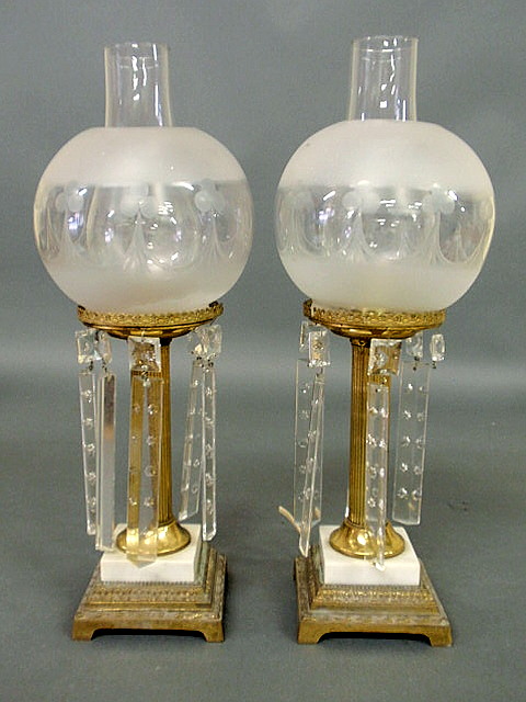 Appraisal: Pair of brass table lamps with drop prisms and round