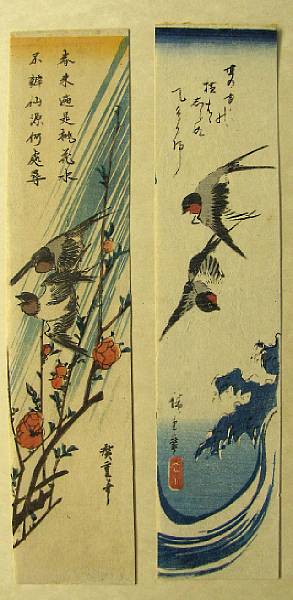 Appraisal: Hiroshige - Two kacho-e Tanzaku depicting sparrows and plum blossoms