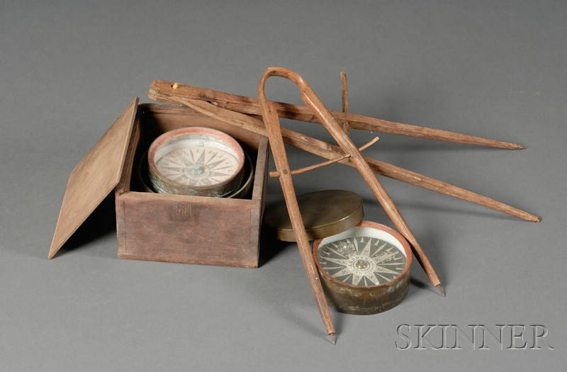 Appraisal: Two Boxed Compasses and Two Carved Wooden Compasses early th