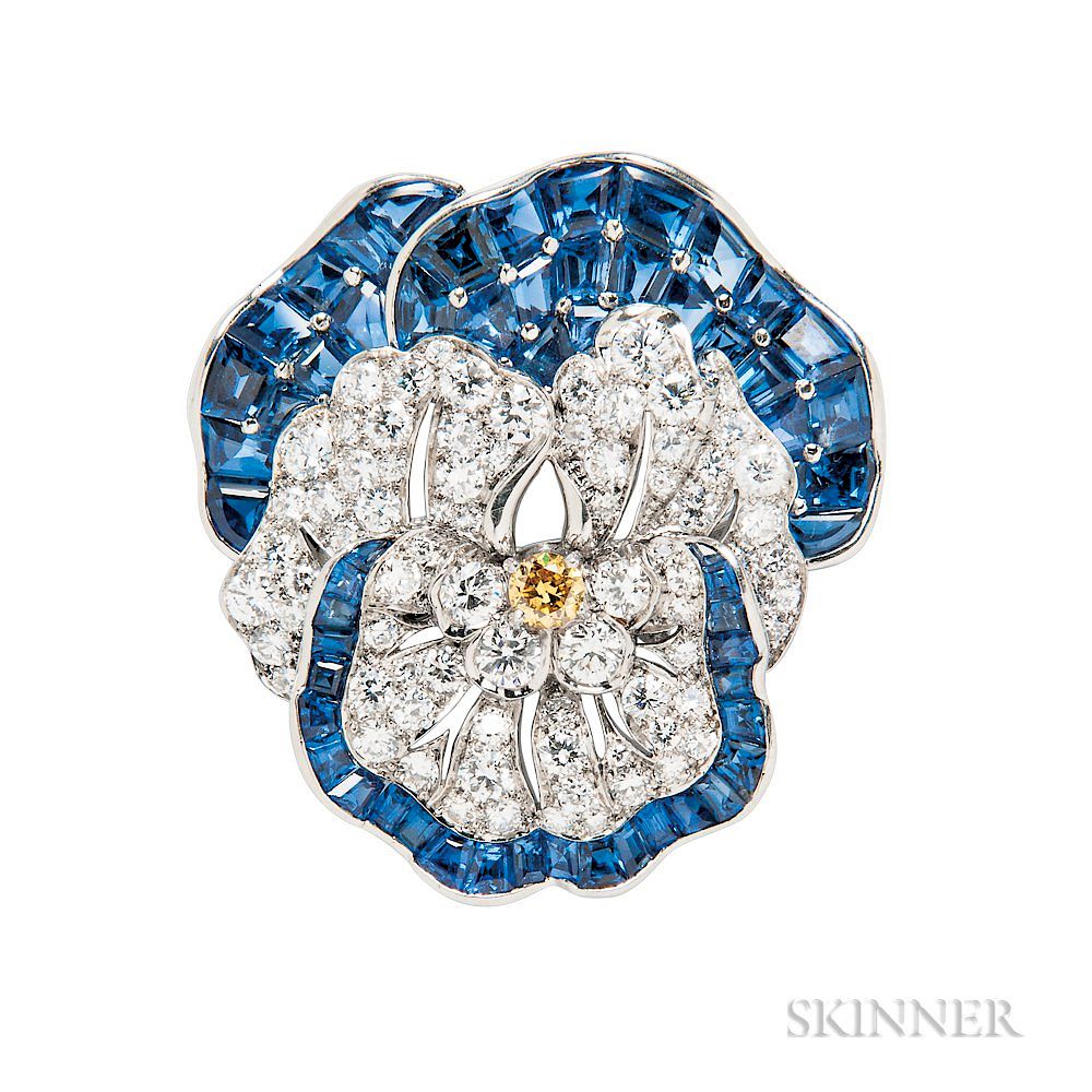 Appraisal: Platinum Sapphire Colored Diamond and Diamond Pansy Brooch Attributed to