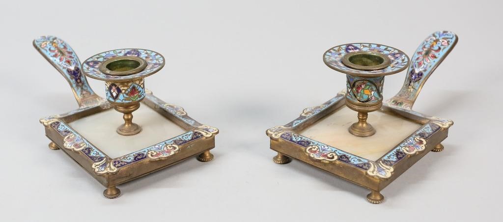 Appraisal: PAIR OF BRASS ENAMEL CHAMBERSTICKSPair of brass enamel and onyx