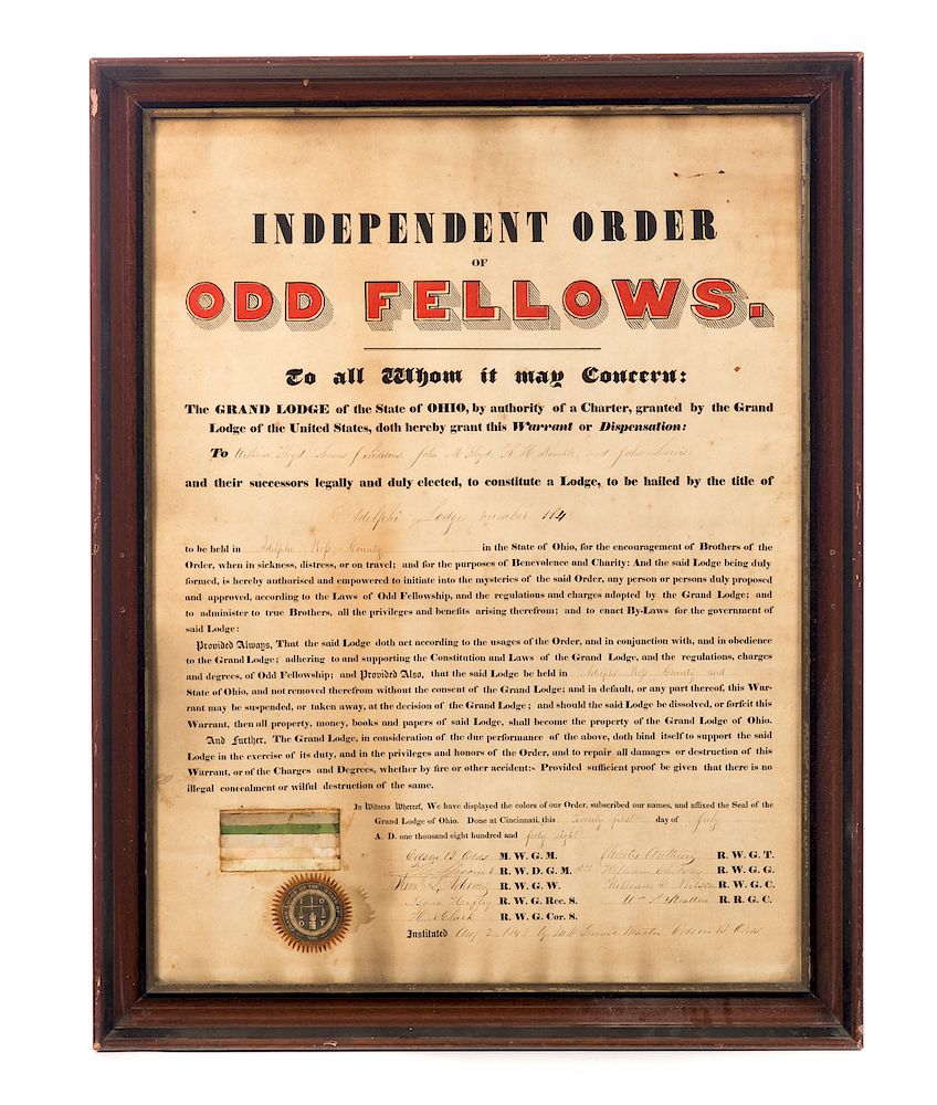 Appraisal: IOOF Adelphi Lodge Charter Measures tall wide Good original condition