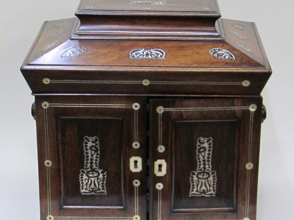 Appraisal: Mother of pearl inlaid rosewood ladies table cabinet with fitted