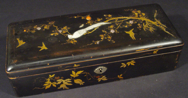 Appraisal: Rectangular black lacquered box decorated with mother of pearl and